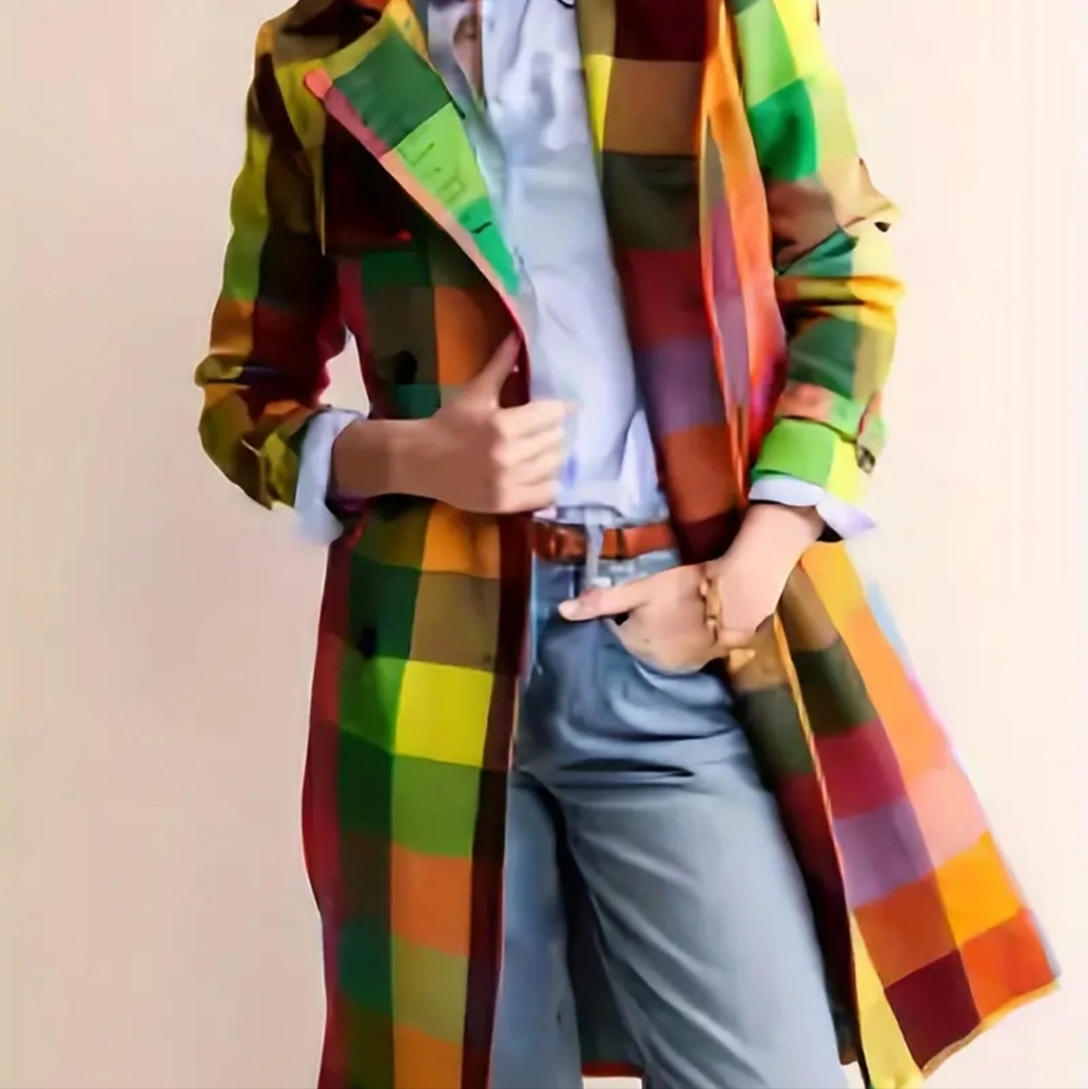 Rainbow Plaid Double Button Ladies Rain Coat. - Picture 3 of 10